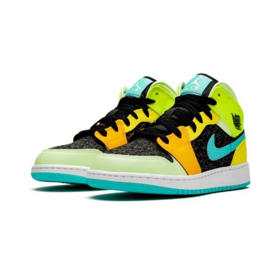 LJR Jordans 1 Mid GS Aurora Green Optic-Yellow Shoes BQ6931 037